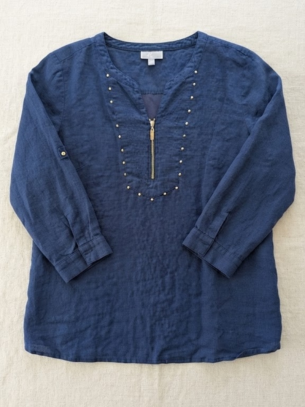 JM Collection Navy Linen And Cotton V-Neck Zip Beaded Top Summer Breathable